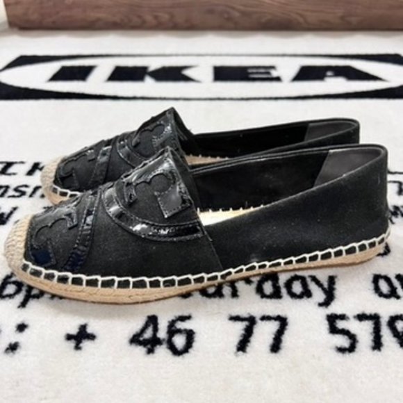 Tory Burch Women's Espadrille Flats Poppy Logo Black Canvas Slip-On Shoes Size 7 - Picture 3 of 7